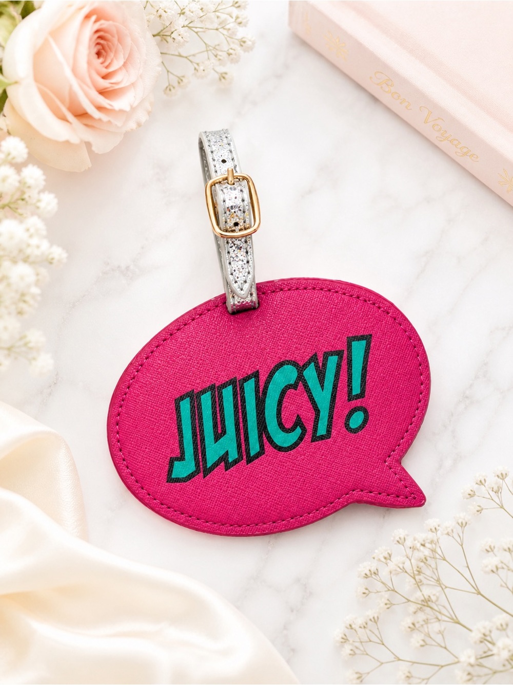 Juicy Couture Pink Juicy Luggage Tag Glitter Strap Travel Vacation Chic - Picture 2 of 5